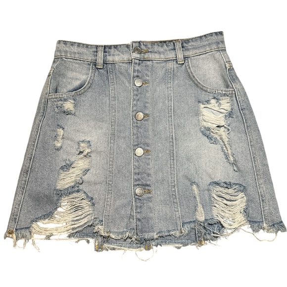 FREE PEOPLE Distressed Denim Mini Skirt - Picture 2 of 4